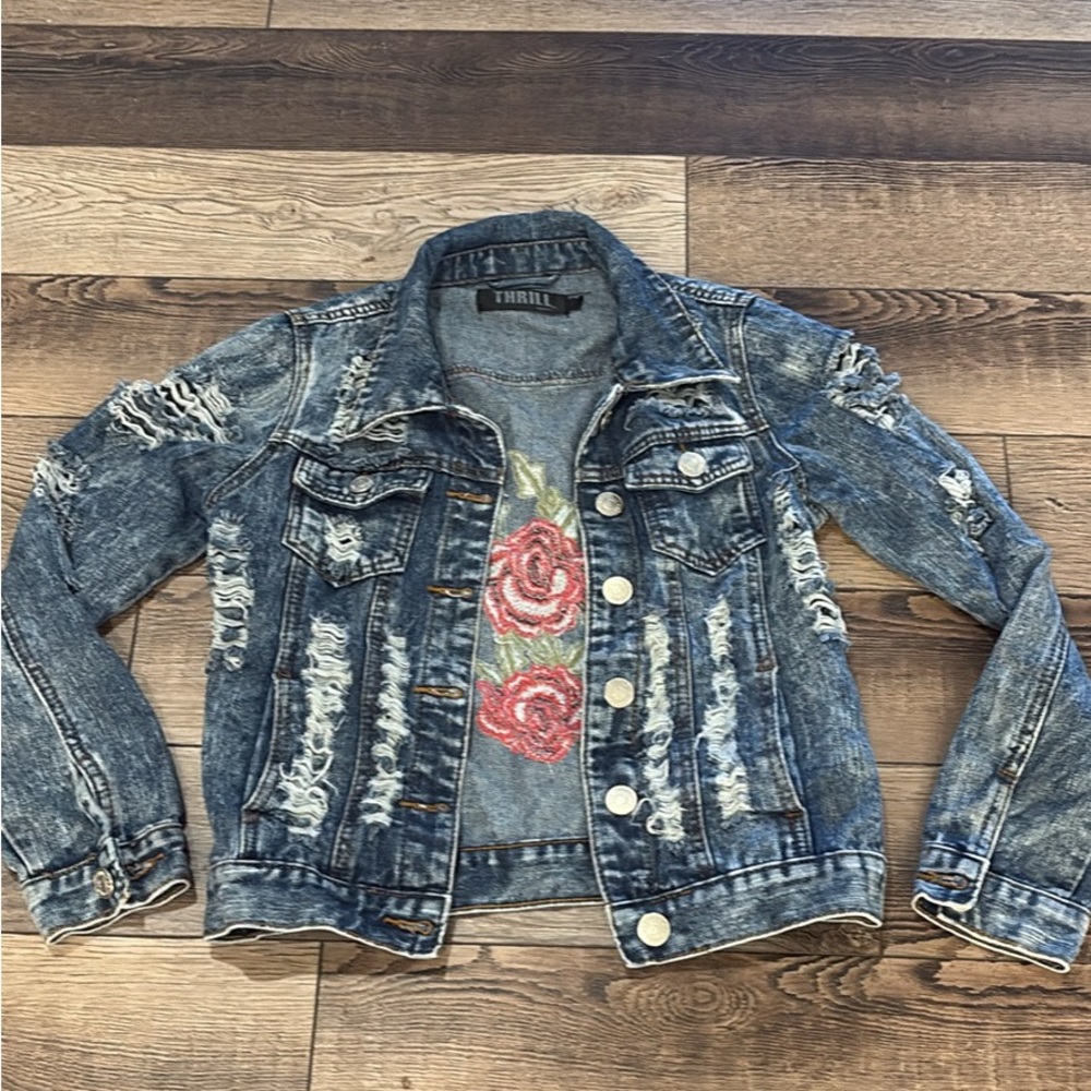 Thrill Distressed Blue Denim Jacket within Pink Rose Embroidery